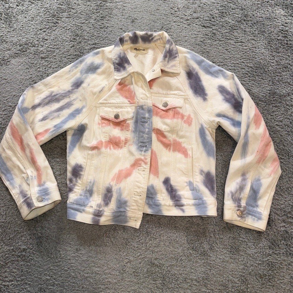 Madewell Tie Dye Denim Trucker Jacket Womens M Pink Blue Cream Boho Jean Coat